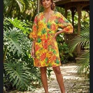 Magaschoni Tropical Leaf Print Linen Mini Dress with pockets NWT